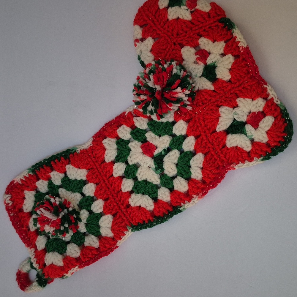 Vintage Crochet Christmas Stocking Granny Pom Pom Kitsch Shabby Cottage